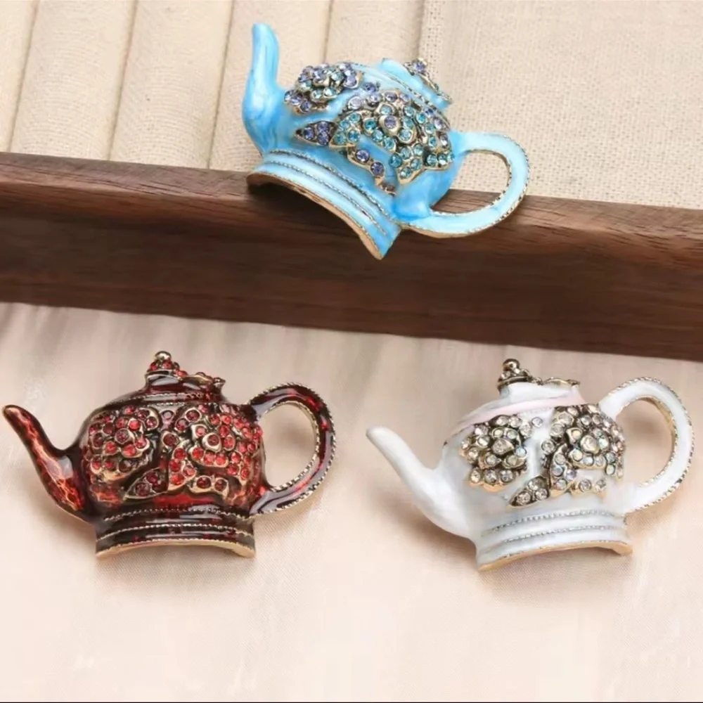Blue Teapot Gold Crystal Brooch
